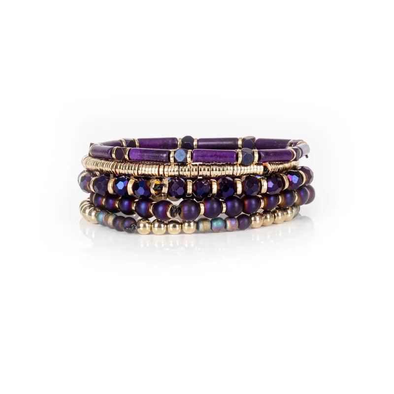 The Dark Midnight Amethyst Crystal Bracelet Stack Deep Purple & Gold Sale price