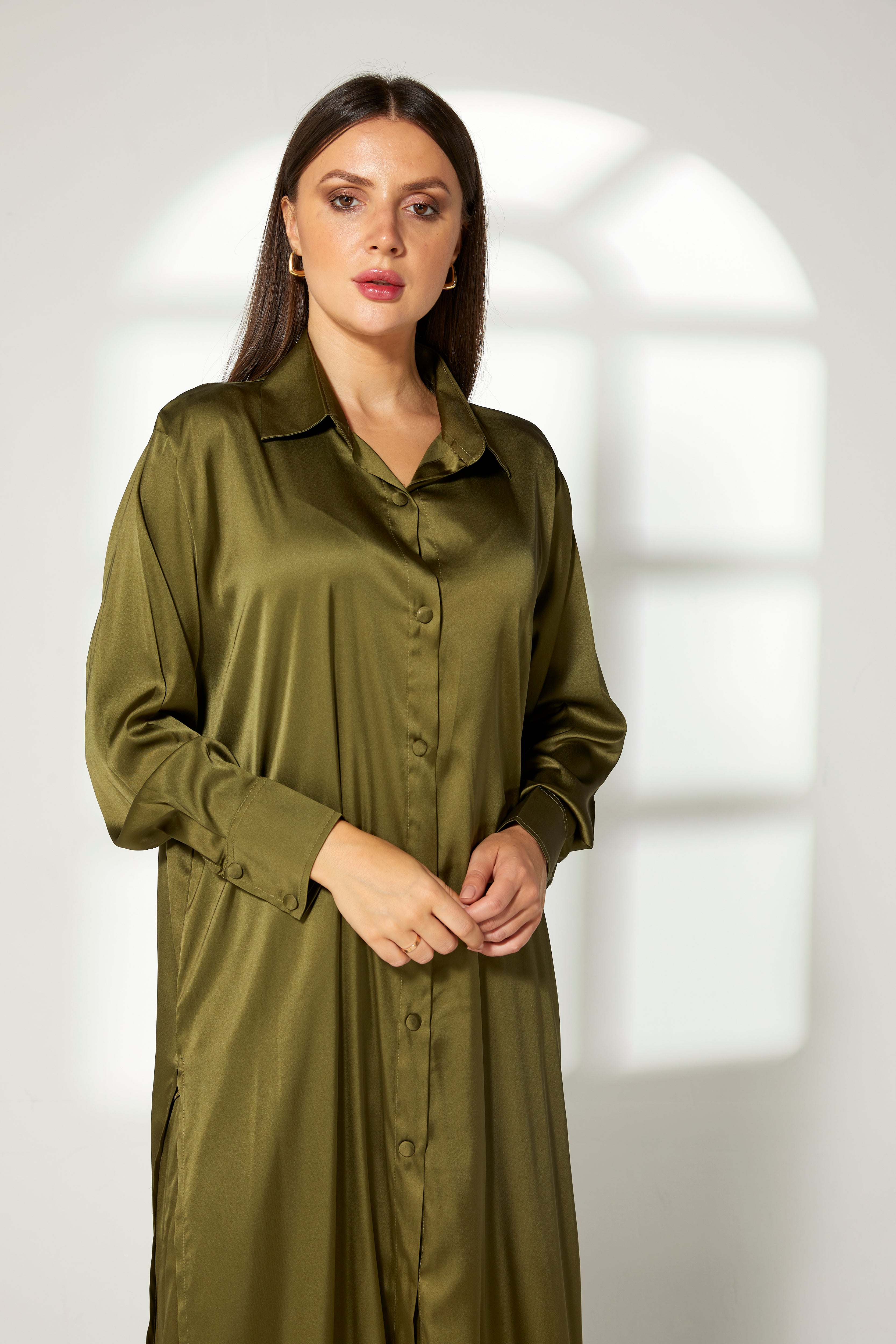 MOiSTREET Mustard Green Silk Fabric Top and Pants Set