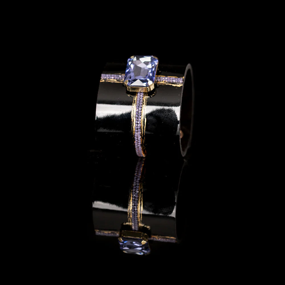 The Dark Black Leather Crystal Cuff Bracelet with Blue Stone