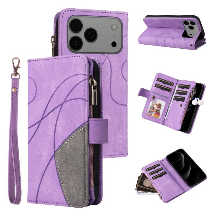 For iPhone 18 Pro Max / iPhone 17 Pro Max Dual-color 9 Card Slots Zipper Wallet Leather Phone Case