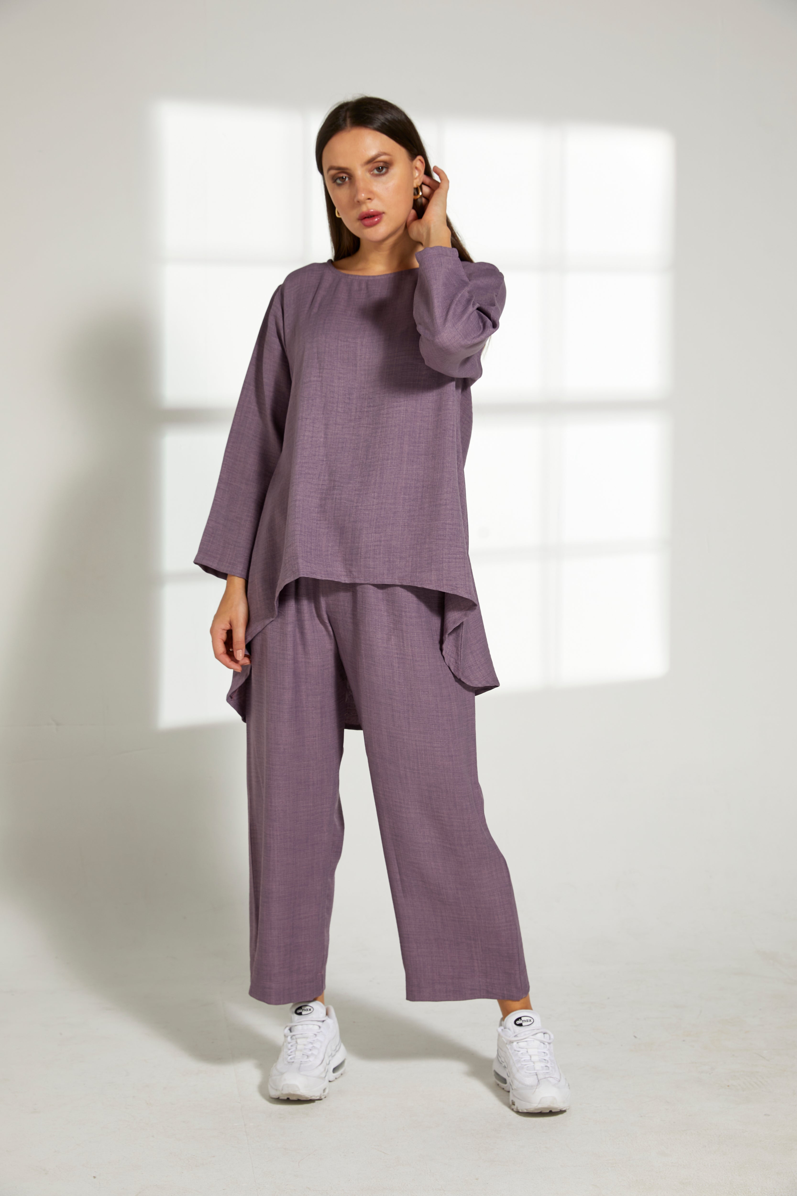 MOiSTREET Purple CEY Mélange Fabric Top And Pants set