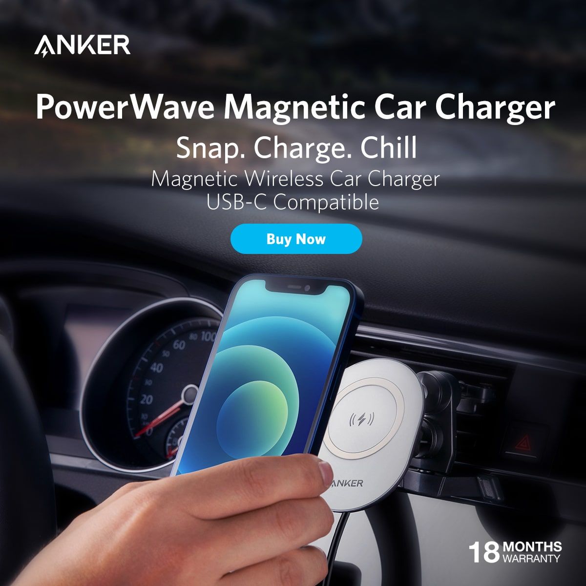 حامل شحن مغناطيسي للسيارة Anker PowerWave، أسود وأبيض