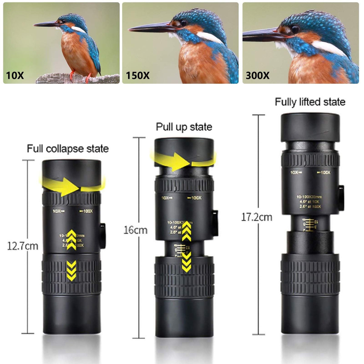Monocular Telescope 4K 10-300x40mm HD Optical Zoom Waterproof Scope