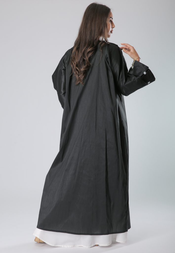 MOiSTREET Hindi Harir Black Pleats Buttons Lace Abaya