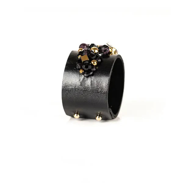 The Dark Black Leather Crystal Cuff Bracelet with Purple Gemstone and Beaded Embellishment Handmade Statement Bracelet