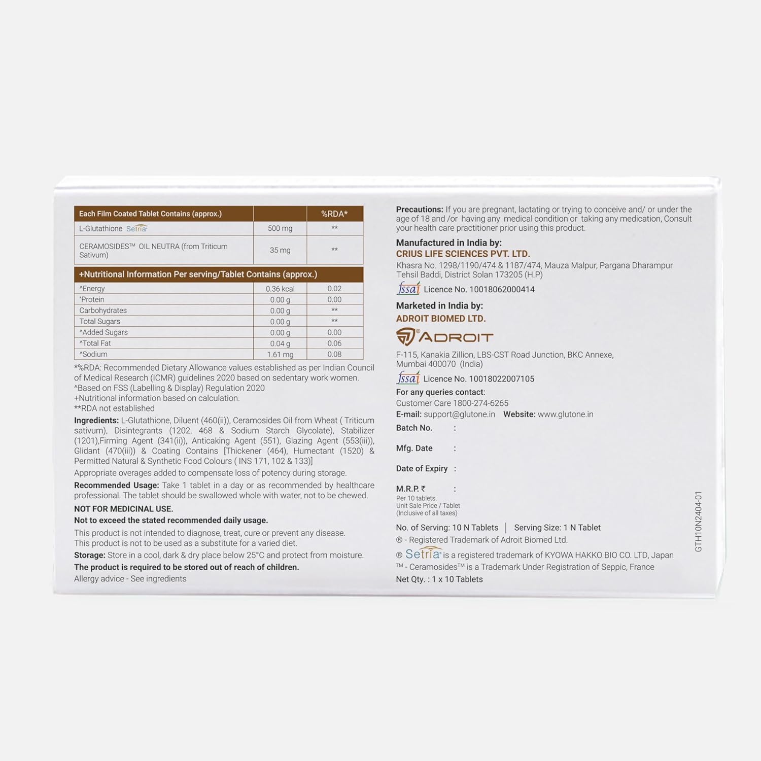 Glutone-Hydra | Setria Glutathione with Ceramosides Tablets 10