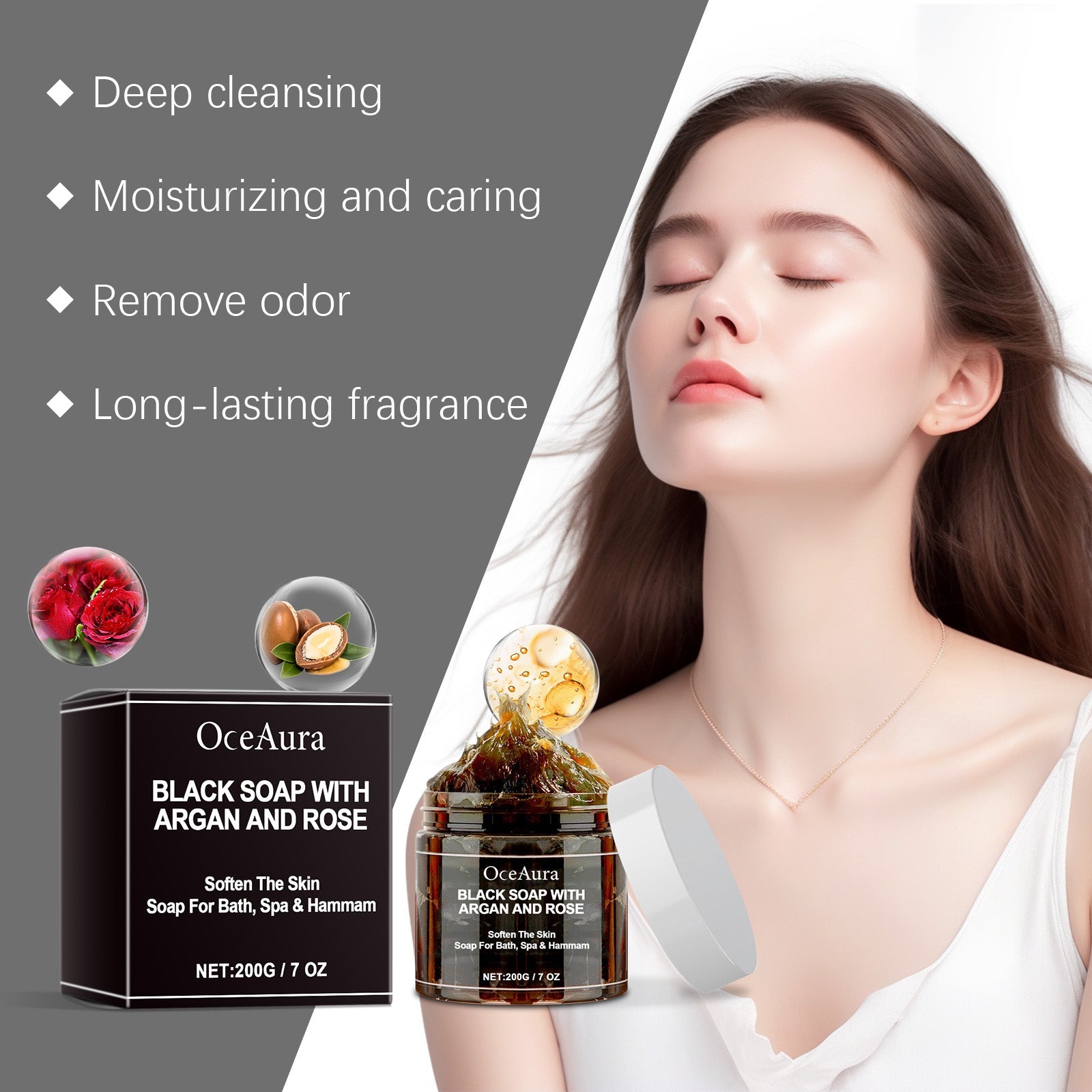 Black Body Cleansing Soap with Argan Rose, Deep Moisturizing, Bacteria-Free, Long-Lasting Freshness ,200g