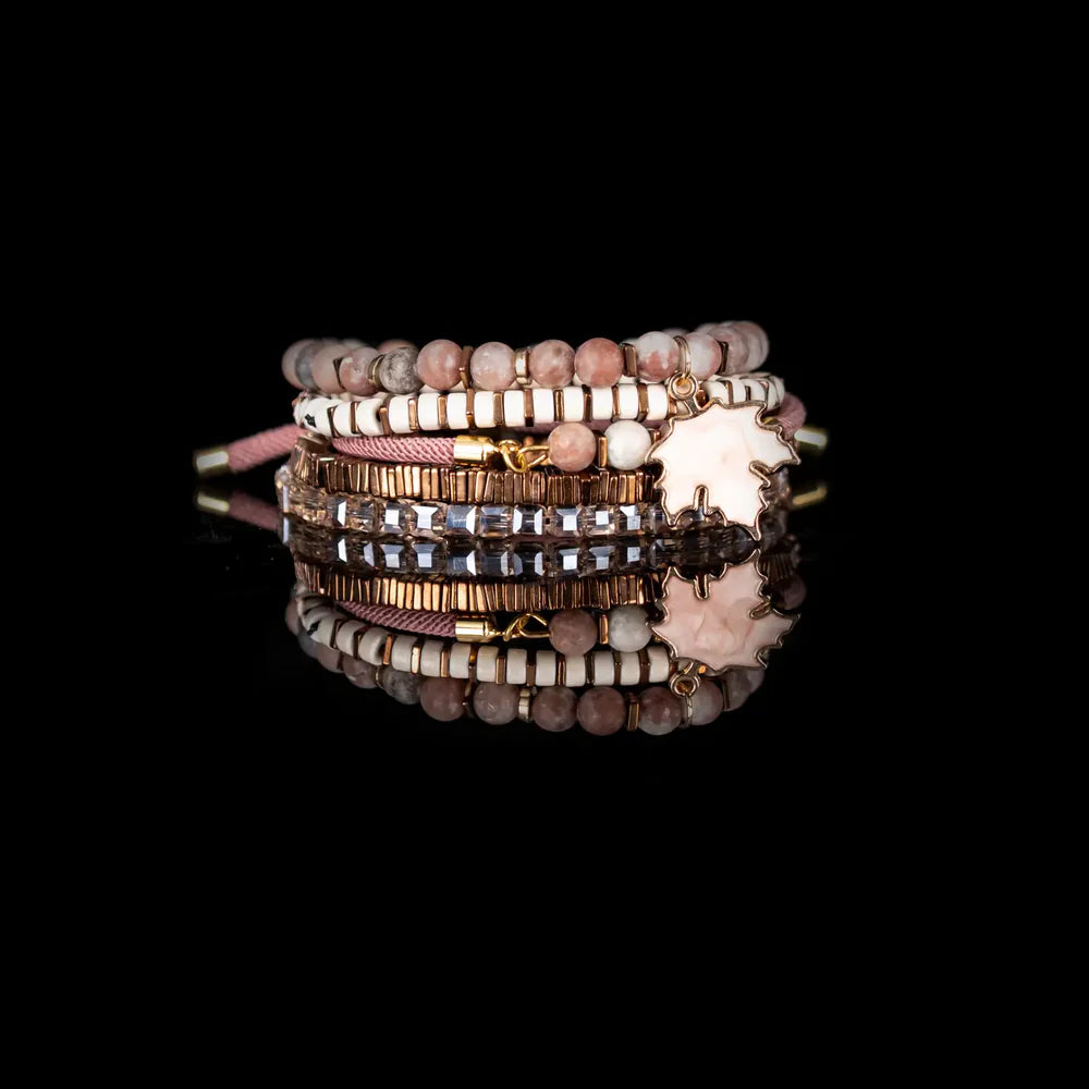The Dark Blush Maple Charm Bracelet Stack Rose & Nude Beaded Set