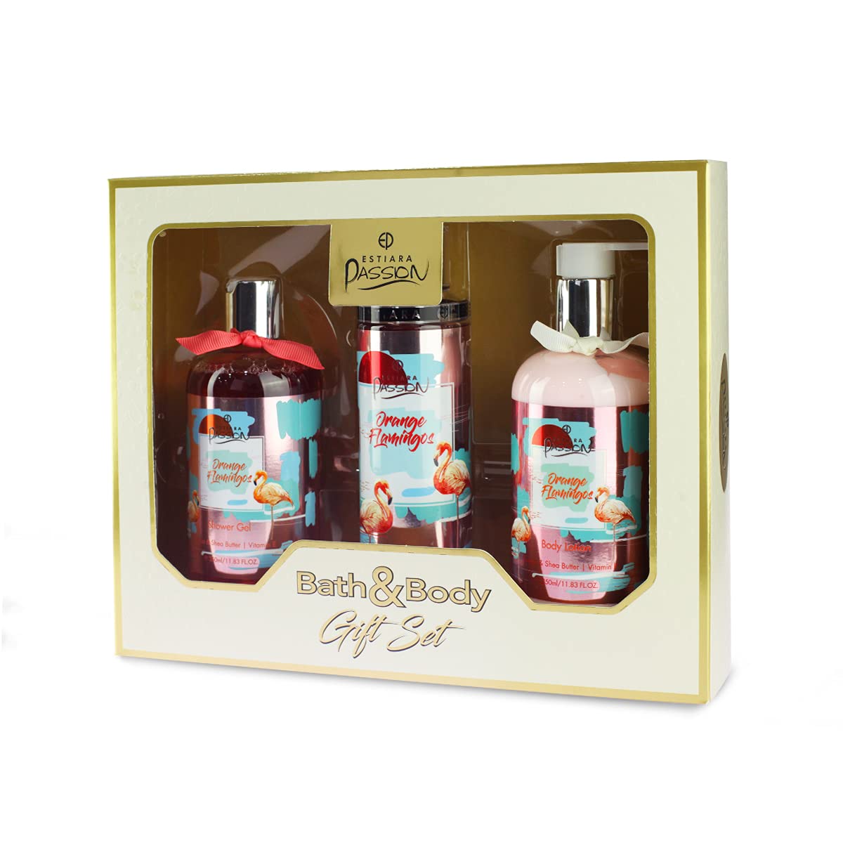 Estiara Passion Orange Flamingo Bath & Body 3 Piece Gift Set For Women (Body Lotion 350ml + Shower Gel 350ml + French Fragrance Mist 250ml)