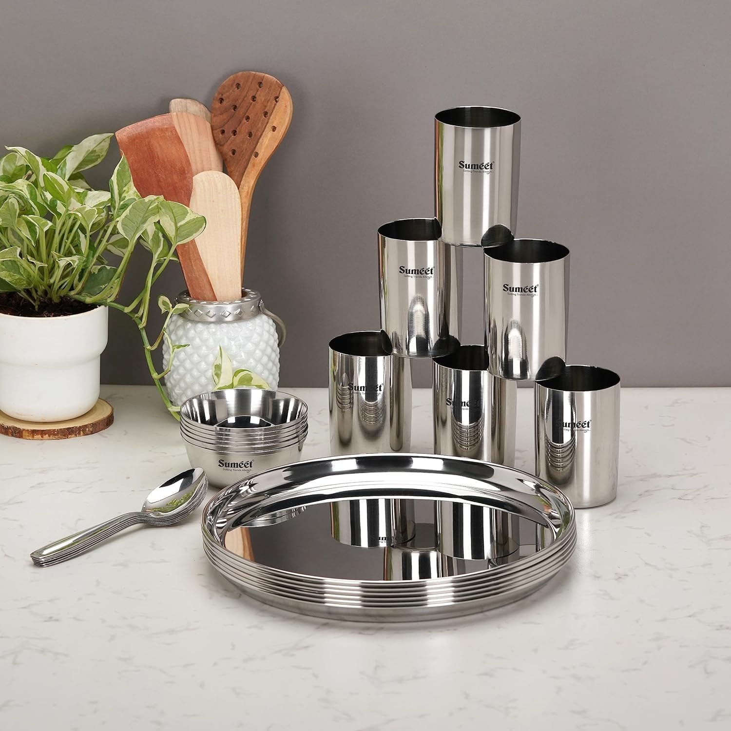 Stainless Steel 24 Pc Dinner Set Plates Bowls Glasses Spoons