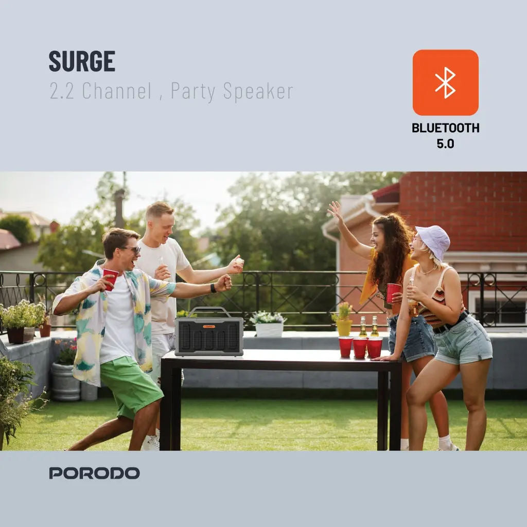 Porodo Soundtec Surge 2.2 Channel Party Speaker 100W, 120W Peak, Bluetooth 5.0, RGB Lights & Power Bank, Black