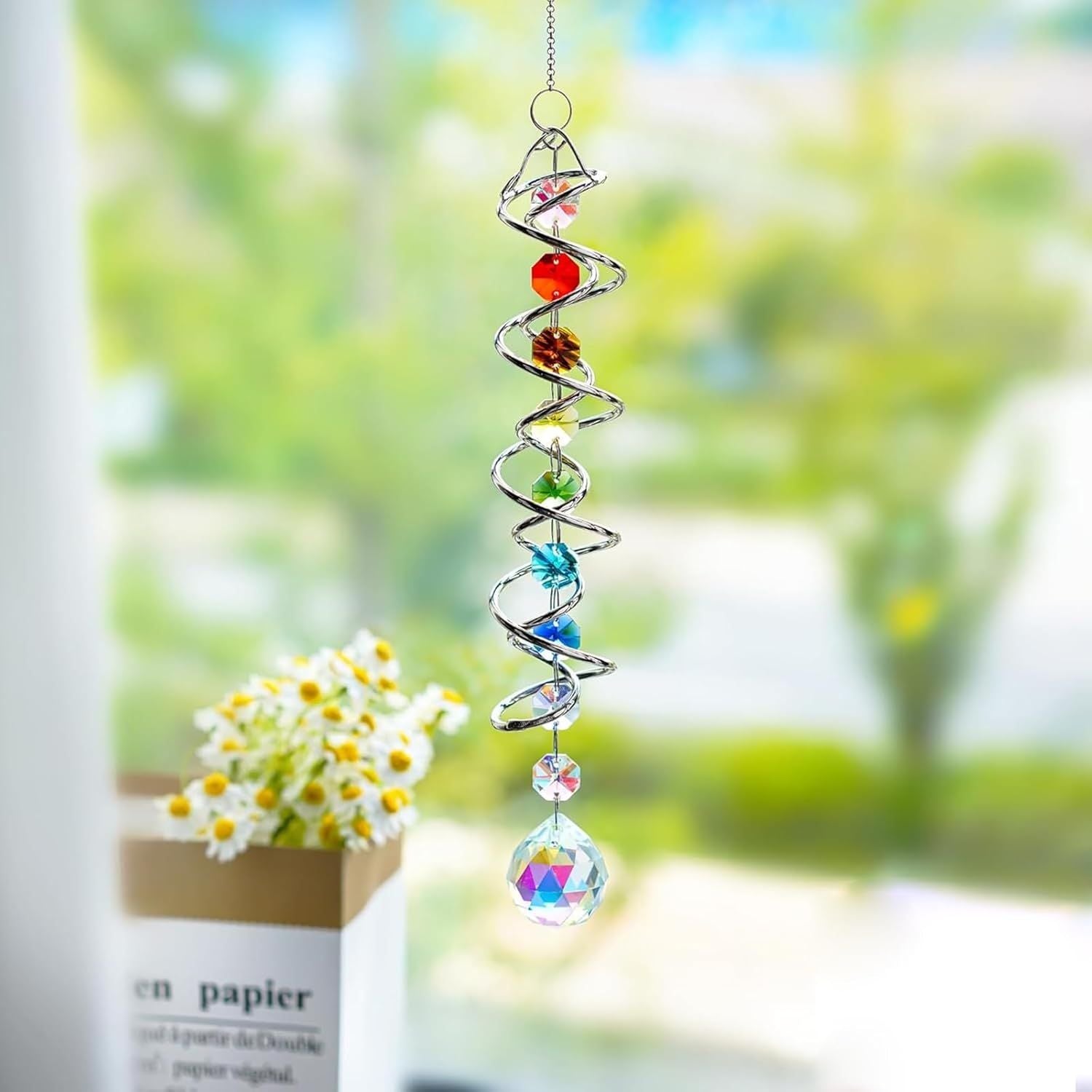 Suncatcher Wind Spinner Gazing Ball Spiral Tail Crystal Sun Catchers with Seven Chakra Beads