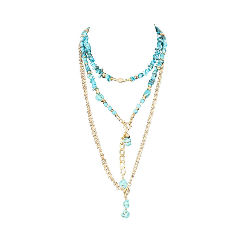 The Dark Layered Turquoise Beaded Necklace with Gold Chain
