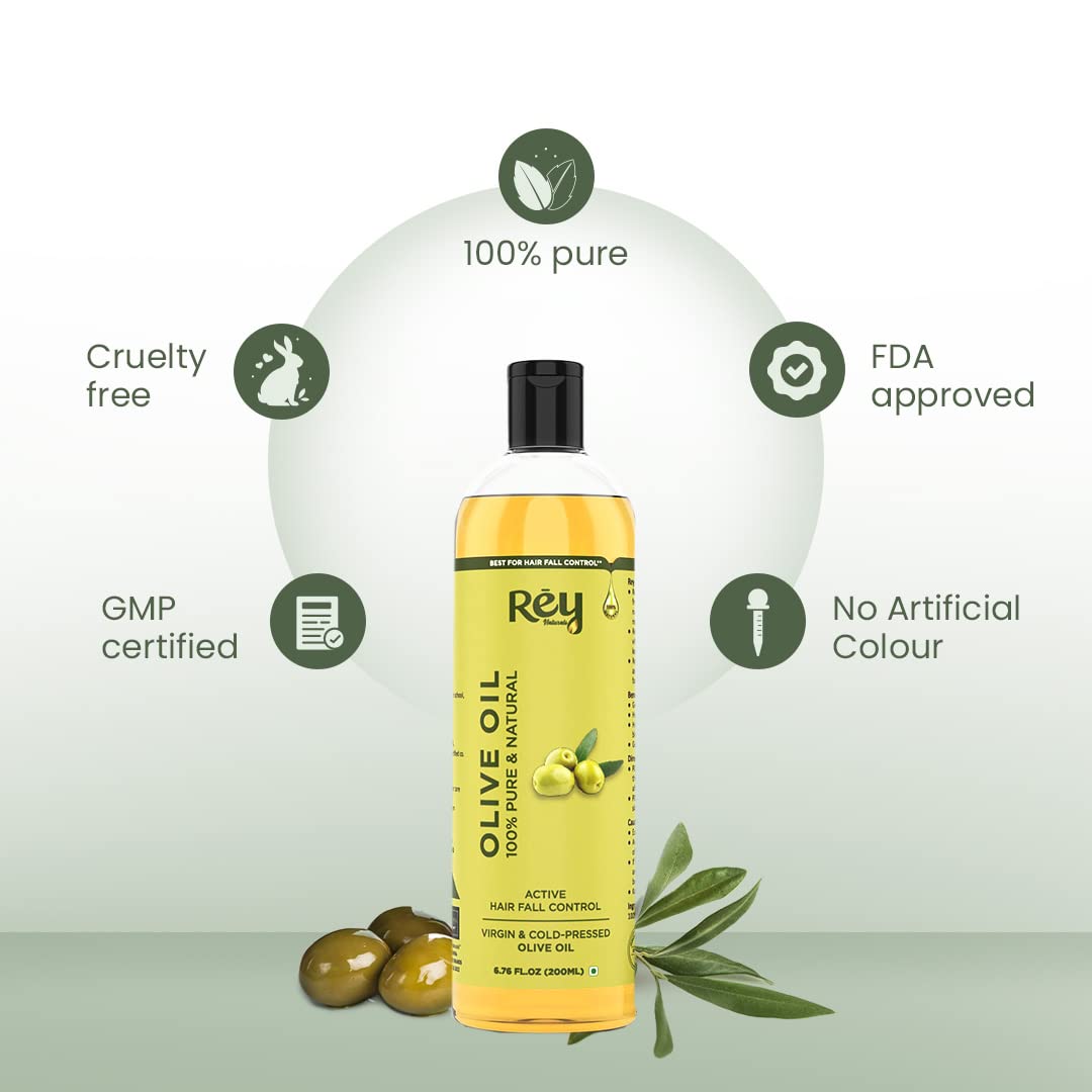 Rey Naturals Olive Oil Extra Virgin | Cold Pressed Olive Oil For Massage | Extra Light Olive Oil For Skin 200 ml