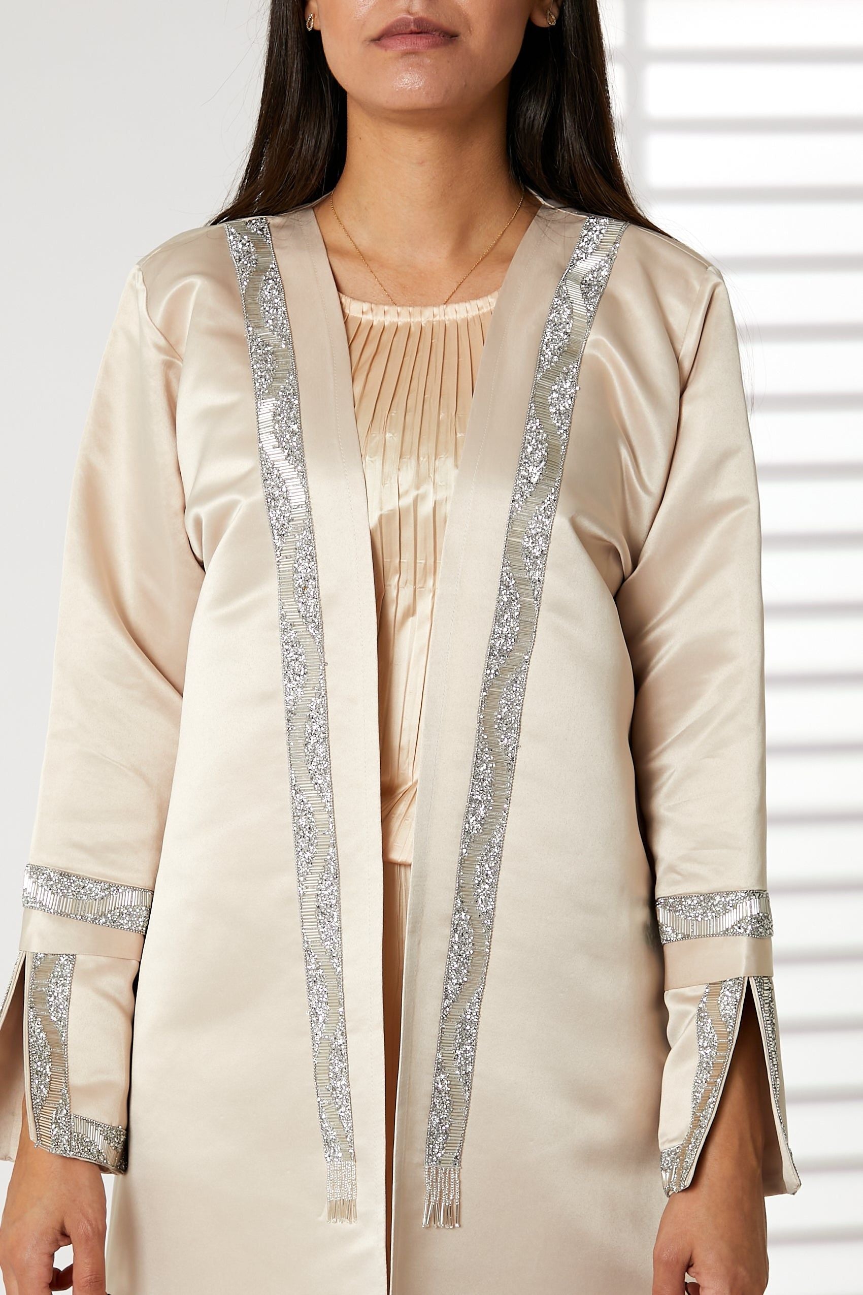 MOiSTREET Peach Bridal Satin Abaya with Split Cuffs