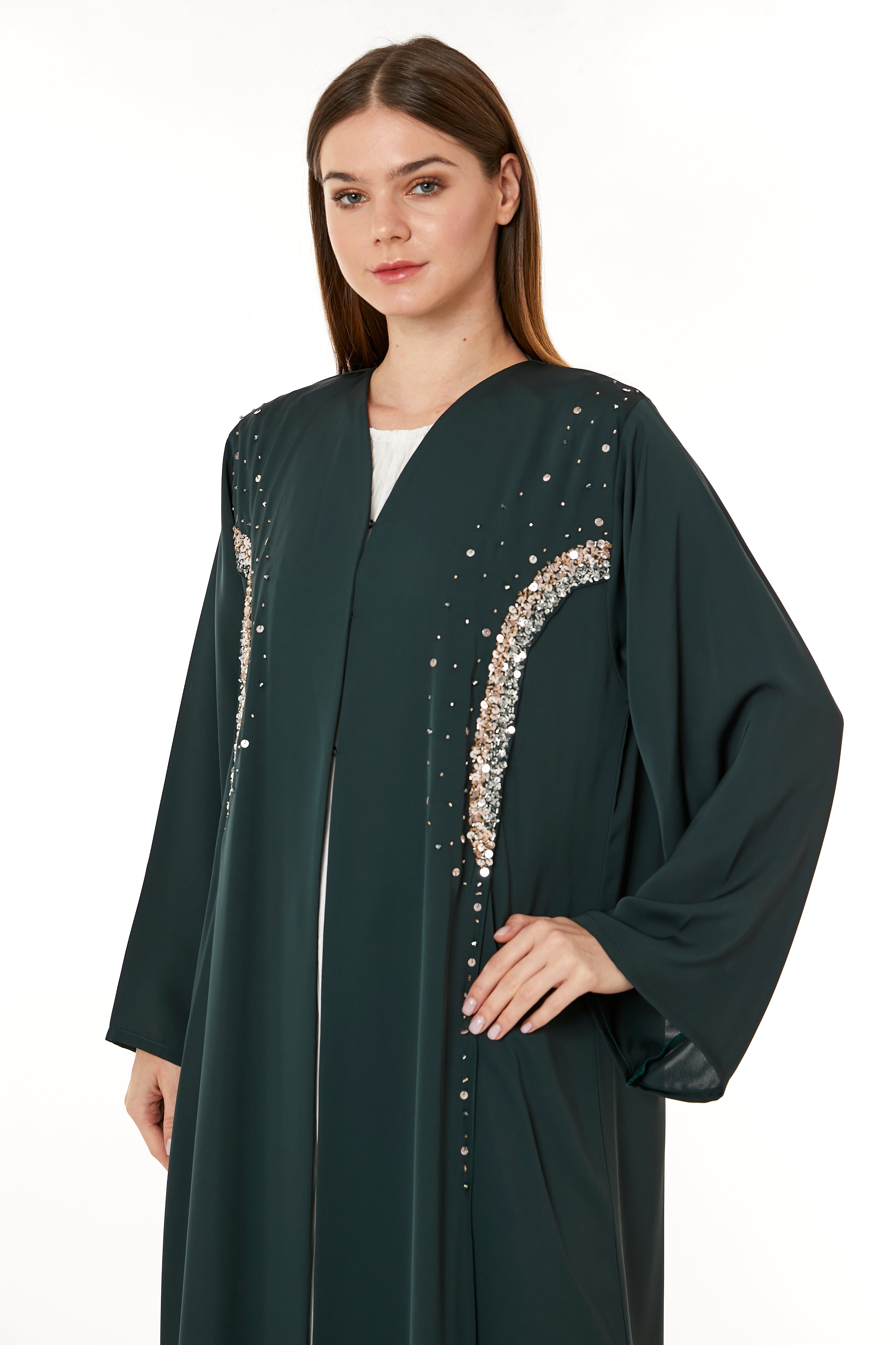 MOiSTREET Dark Green Korean Nida Hand Embellished Abaya