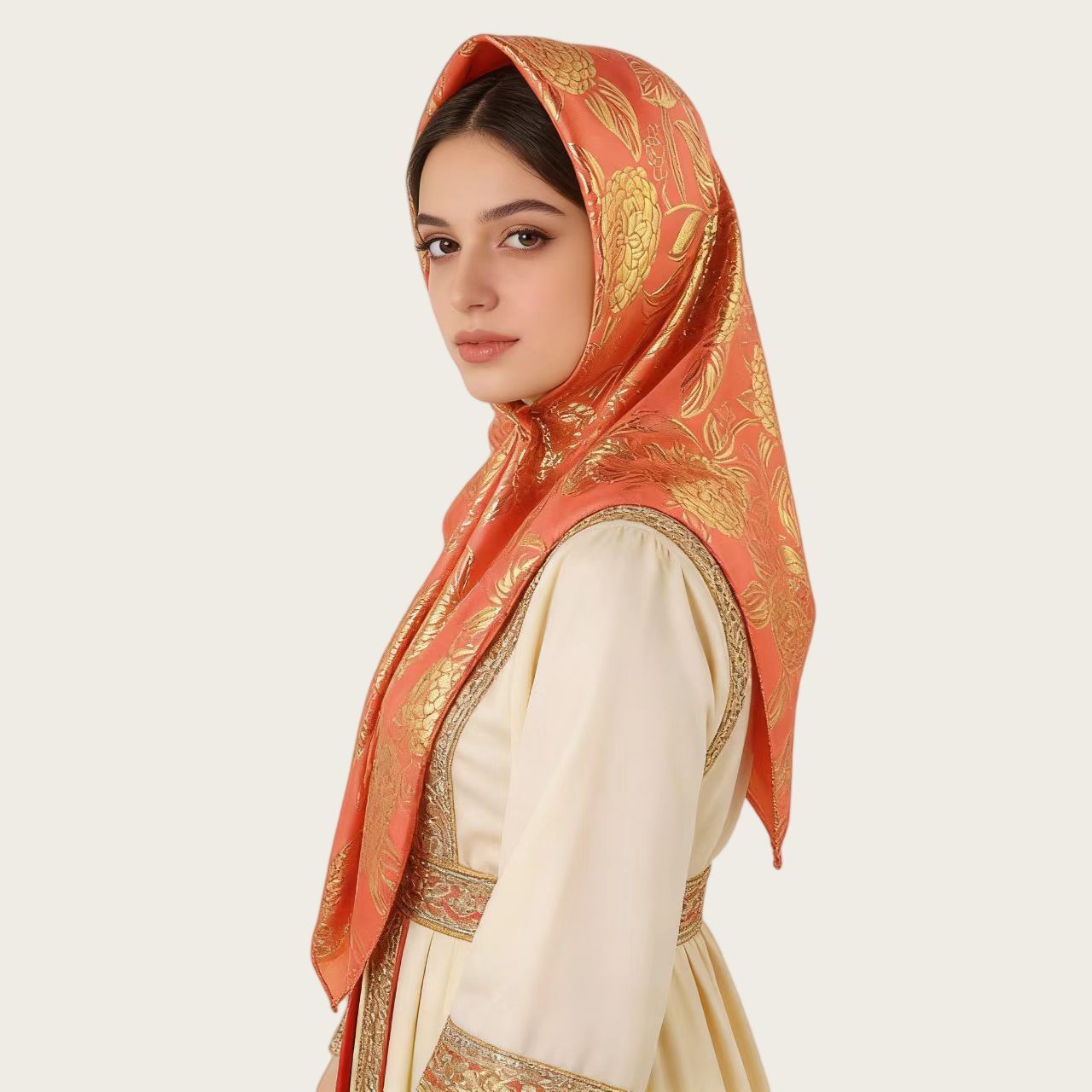 Pink Gold Silk Jacquard Square Hijab Scarf for Women 90cm