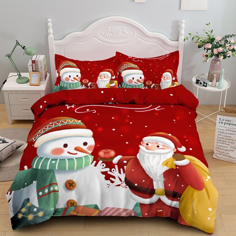 3pcs Christmas Bedding Set Santa Claus Print Quilt Cover Snowman Pillowcase