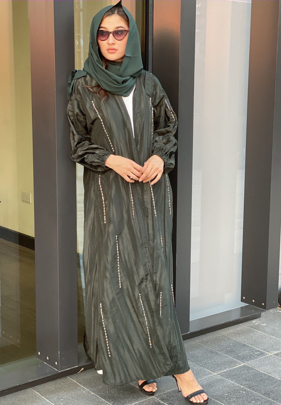 MOiSTREET Green Pleated Taffeta Abaya