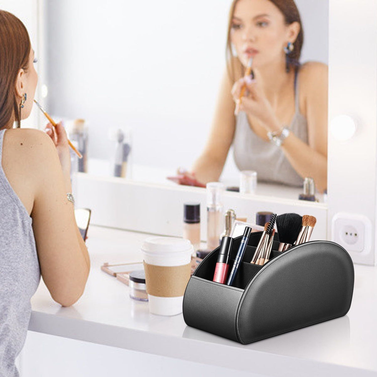 TV Remote Control Holder Desktop Organizer PU Leather Storage Caddy