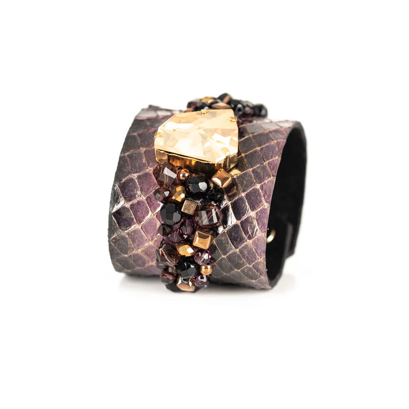 The Dark Python Leather Crystal Statement Cuff Bracelet with Champagne Stone