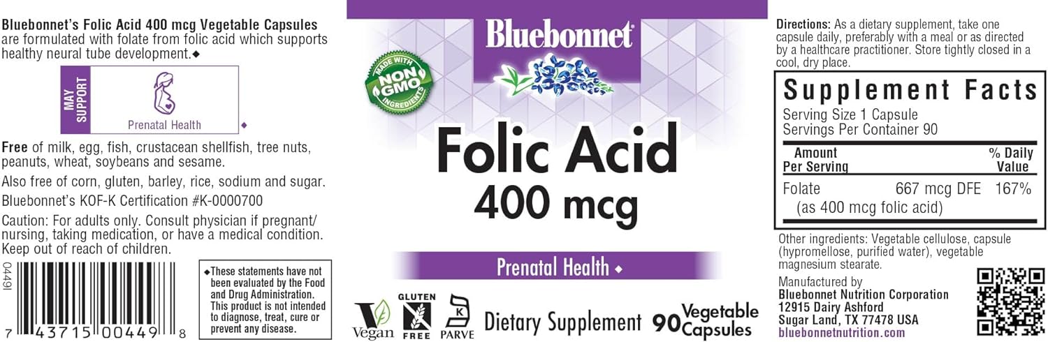 Bluebonnet Folic Acid 400 mcg Prenatal Health Dietary Supplement 90 Capsules