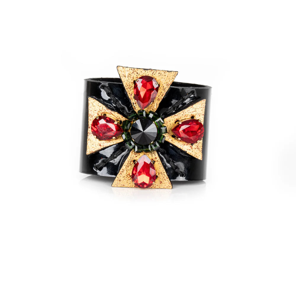 The Dark Black Leather Crystal Star Cuff Bracelet with Red Stones