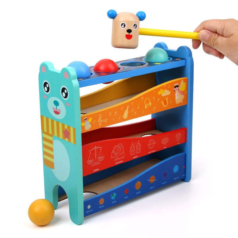 Children Wooden Ball Drop Hammer Striking Stool Toy Montessori Weighing Ball Toy