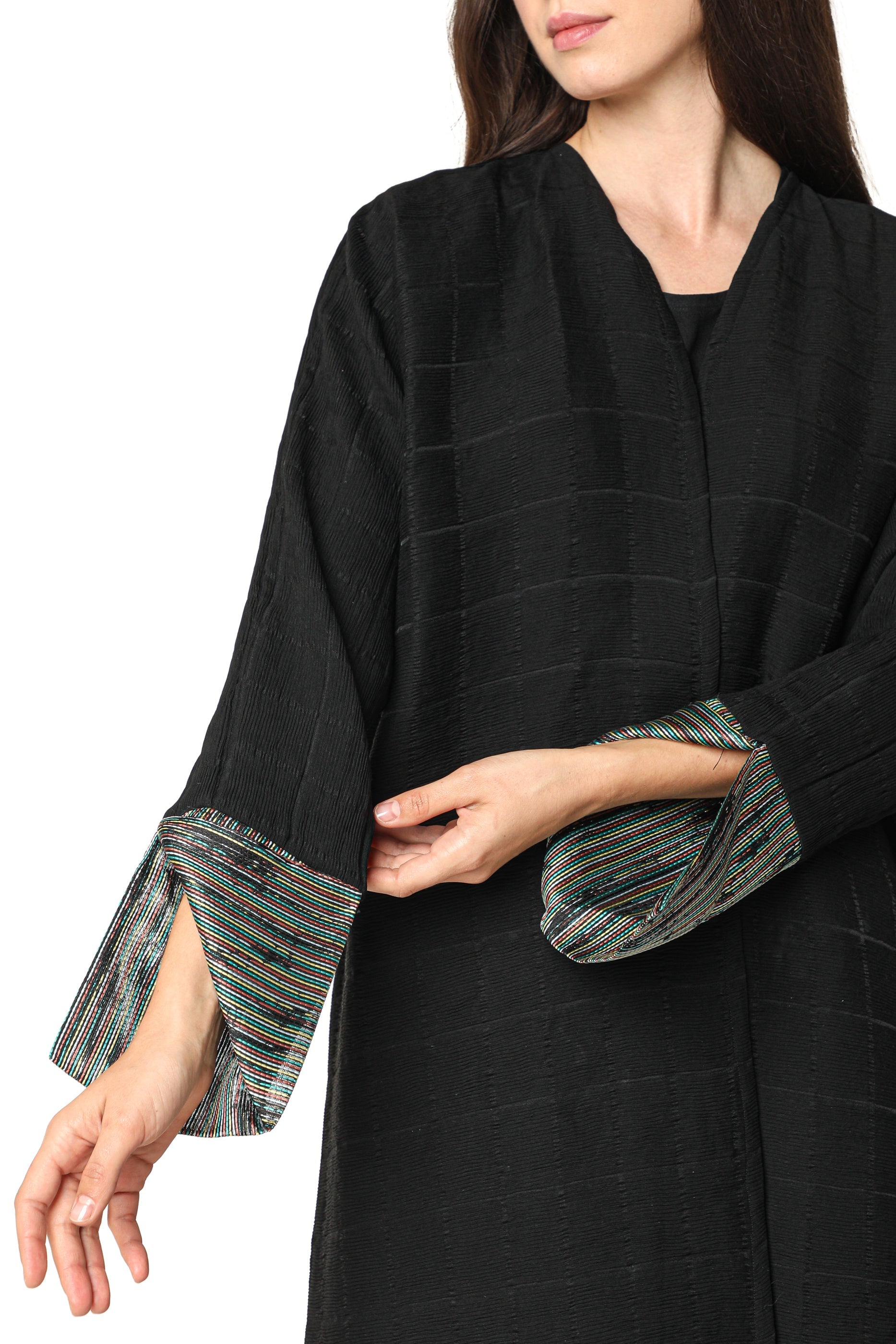 MOiSTREET Black Pleated Fabric Abaya with Colorful Cuffs