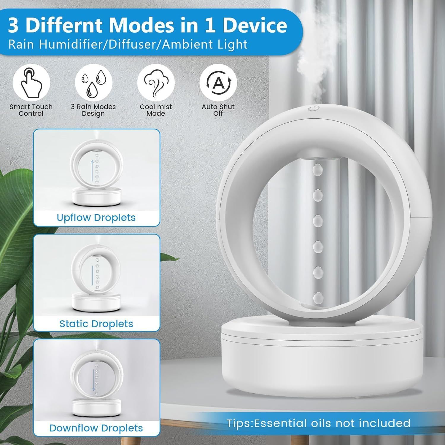 Anti Gravity Water Drop Humidifier 3-in-1 Raindrop Humidifier Air Humidifiers with Night Light