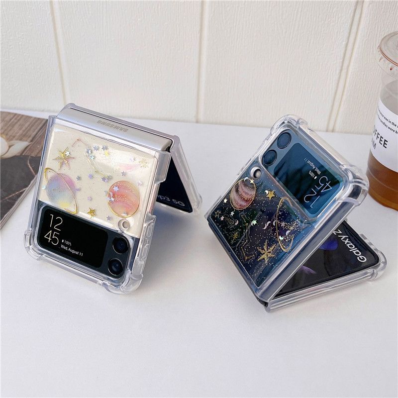 Phone Case For Samsung Zflip3 Fantasy Planets Pattern Folding Flap Protective Cover