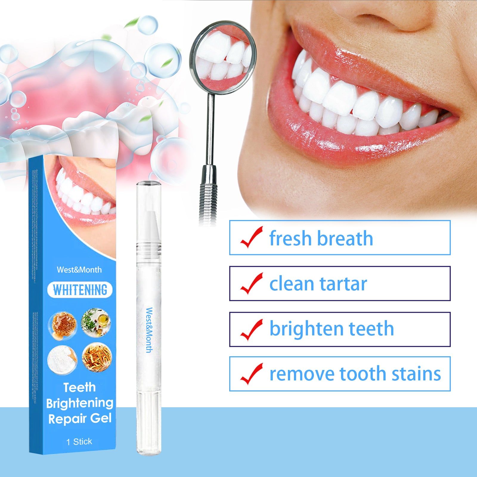 Bright White Repair Teeth Gel, Natural Whitening, Fresh Breath, Tartar Removal ,1pcs
