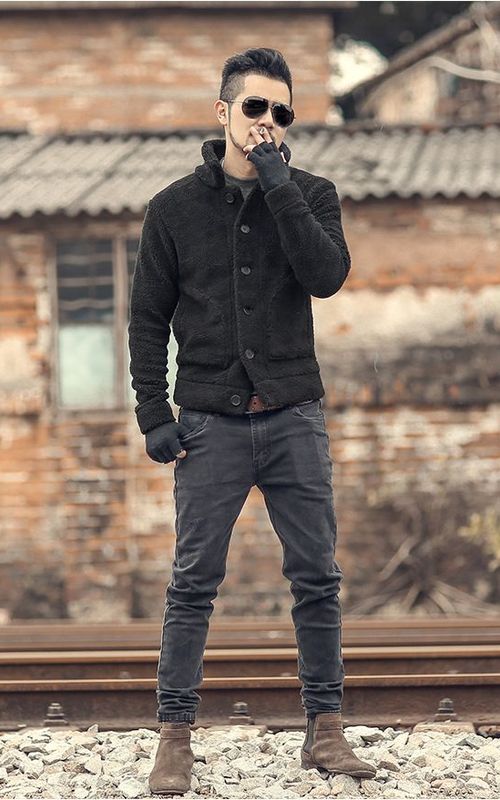Men Winter Furry Jacket Warm Short Slim Cardigan Casual Thick Coat With Pocket