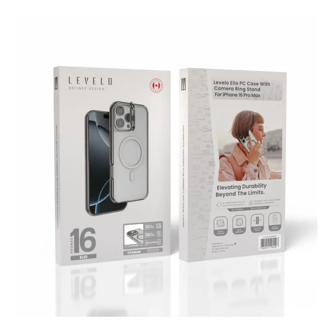 Levelo Elio PC Case with Camera Ring Stand for iPhone 16 Pro Max, Titanium