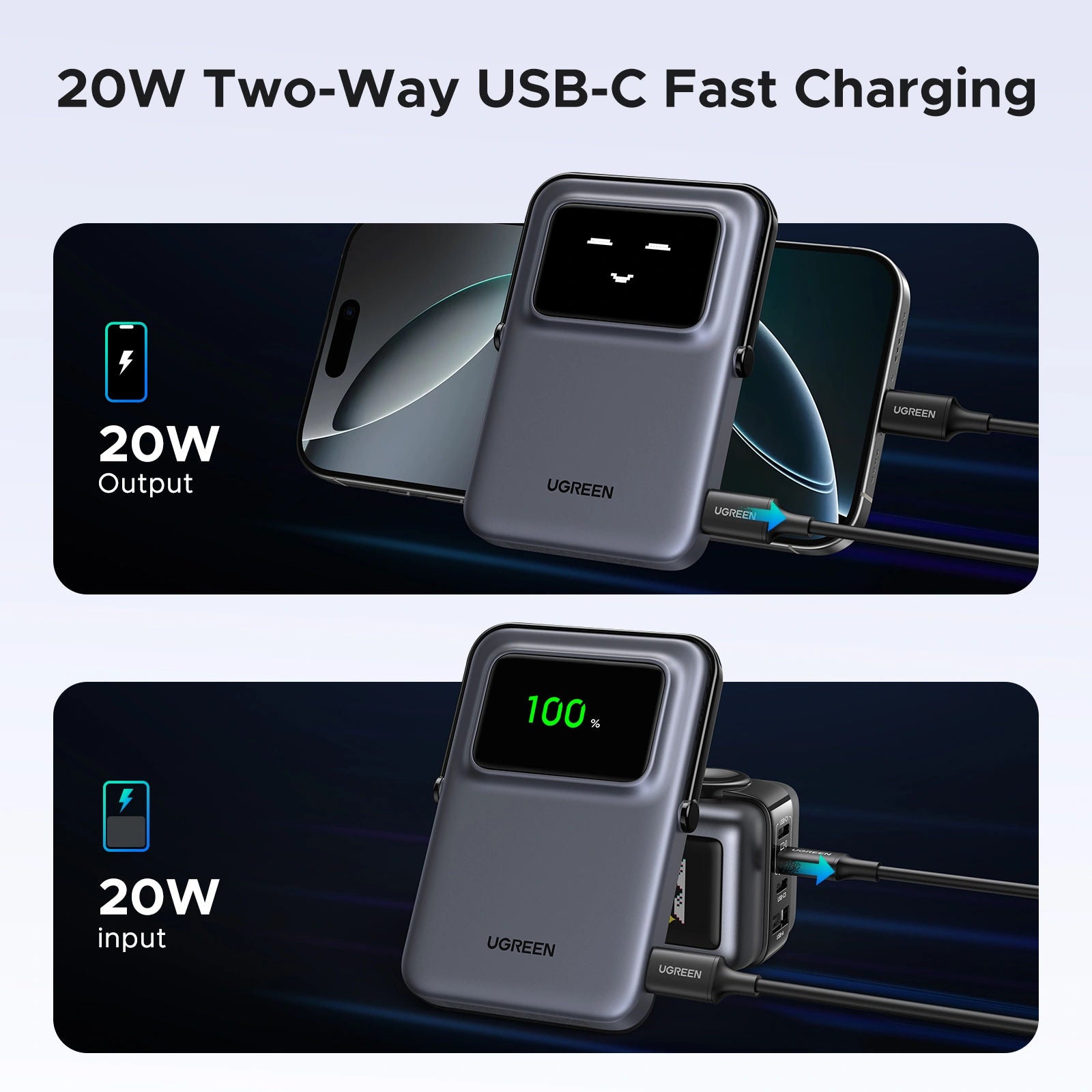 شاحن محمول لاسلكي مغناطيسي UGREEN Uno بسعة 5000 مللي أمبير في الساعة مزود بحامل وشاشة TFT