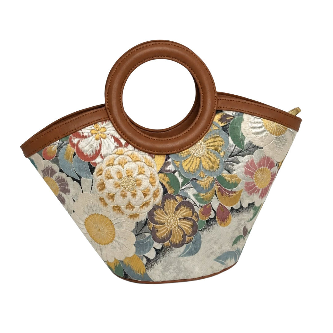 Jamila Designer Mulberry Silk Dark Grey Tote Bag, Floral Pattern with Round Handles