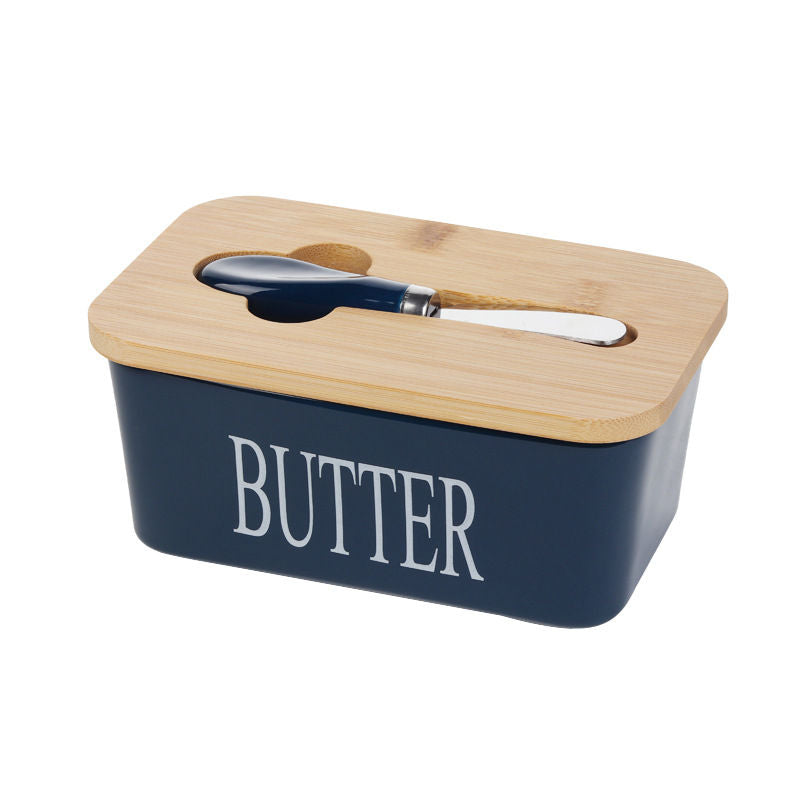 Modern Ceramic Butter Dish with Bamboo Lid & Spreader Set (Dark Blue)