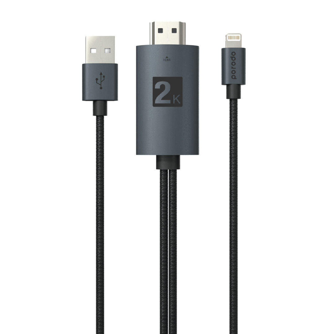 Porodo Braided 2K HDMI to Lightning Cable 2M, Aluminum Build, Plug & Play, Black