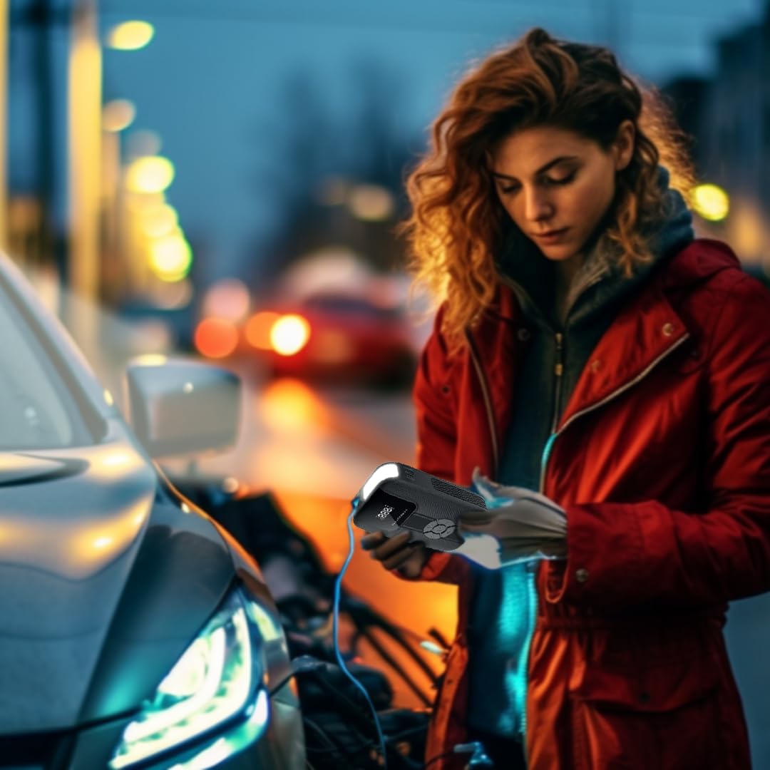 Powerology 11200mAh Jump Starter with Air Compressor, Power Bank & LED Light, 1200A Peak, USB-C Fast Charging