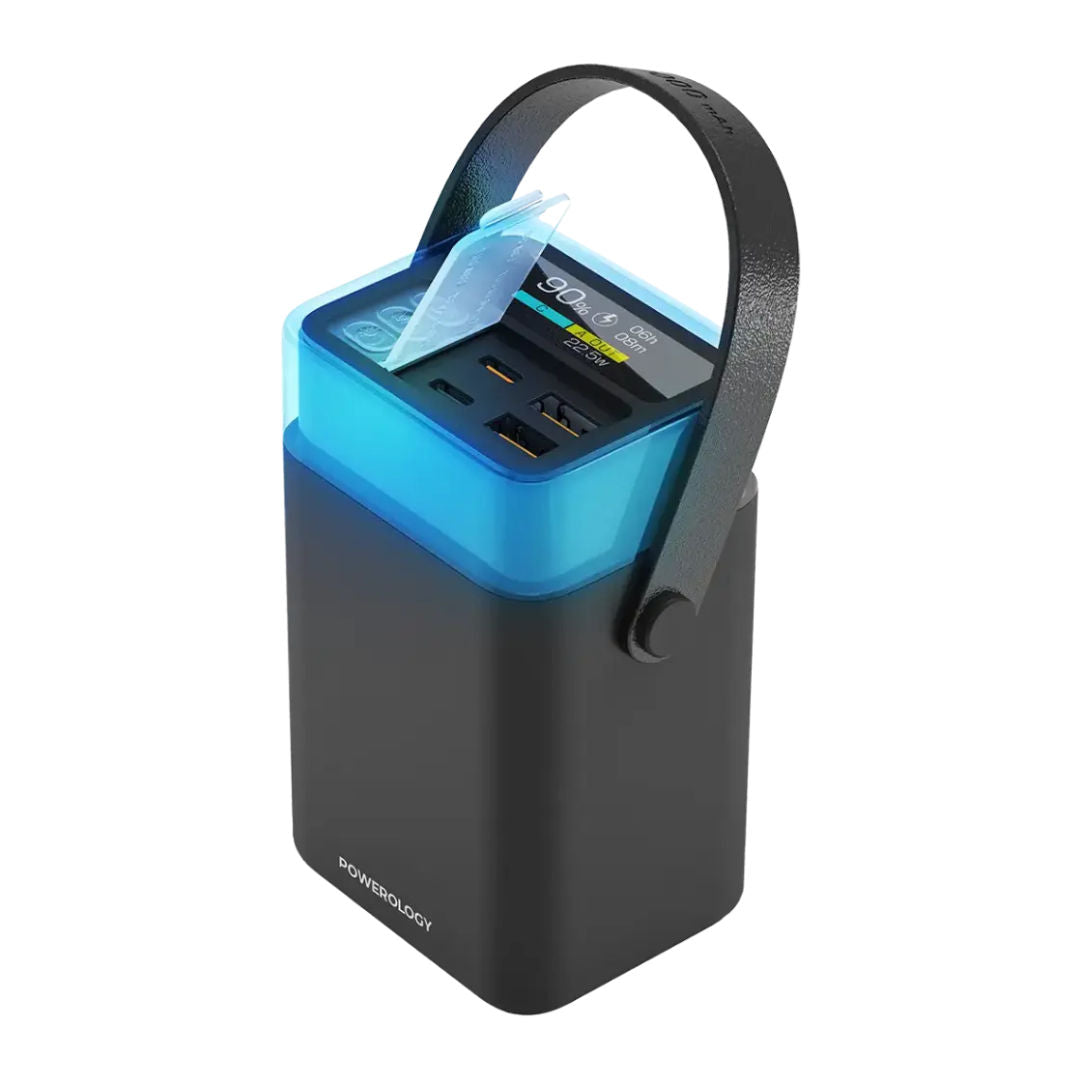 Powerology Halo Beam 40000mAh Power Bank with 65W PD Fast Charging, RGB 360° LED Light & Handle, Black