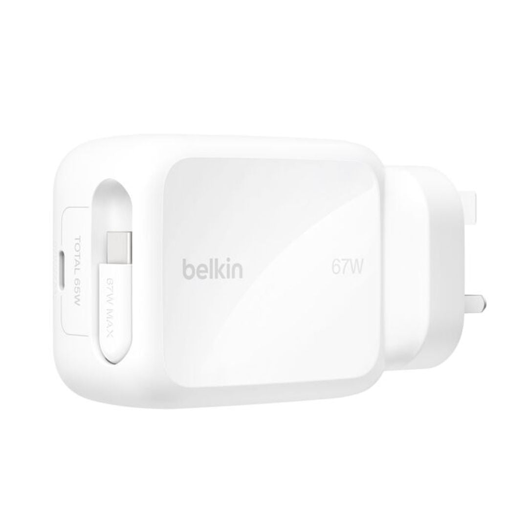 Belkin Boost Charge™ Pro 67W GaN Wall Charger with 3.3ft Retractable USB-C Cable, White