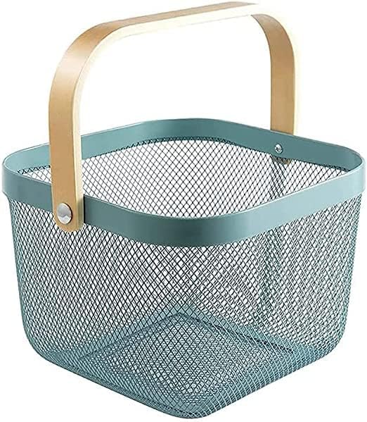 Metal Mesh Storage Basket with Wooden Handles (Square) (Black)