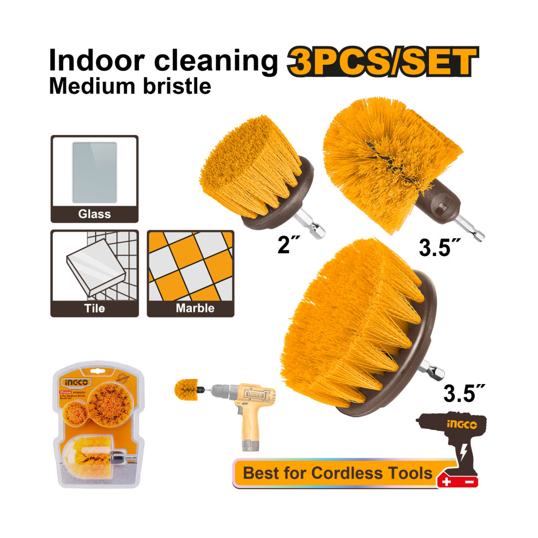 INGCO 3-Pcs Medium Bristle Brush Set Drill, 2", 3.5, 3.5" Round; 1/4" Hex