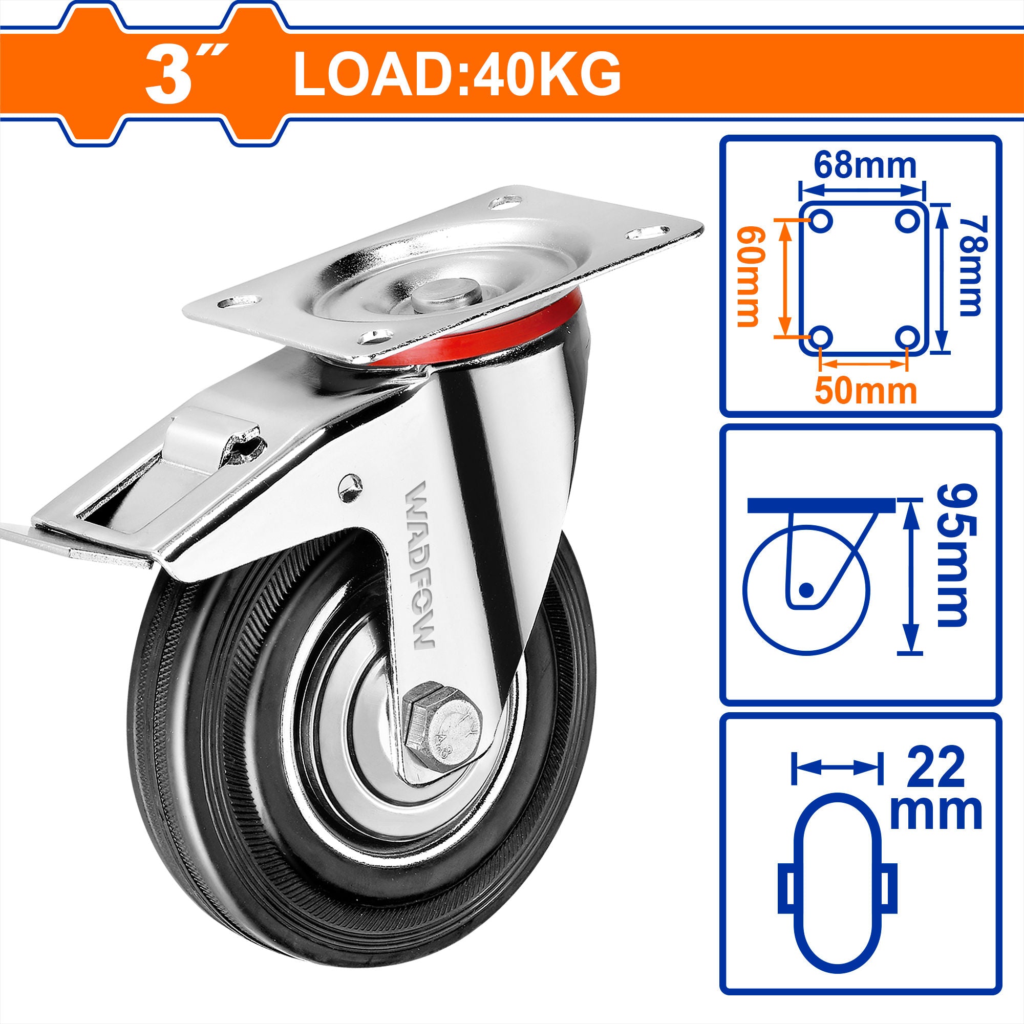 WADFOW Heavy, Duty Caster Wheels, Rigid / Swivel / Swivel with Brake, Steel & Rubber