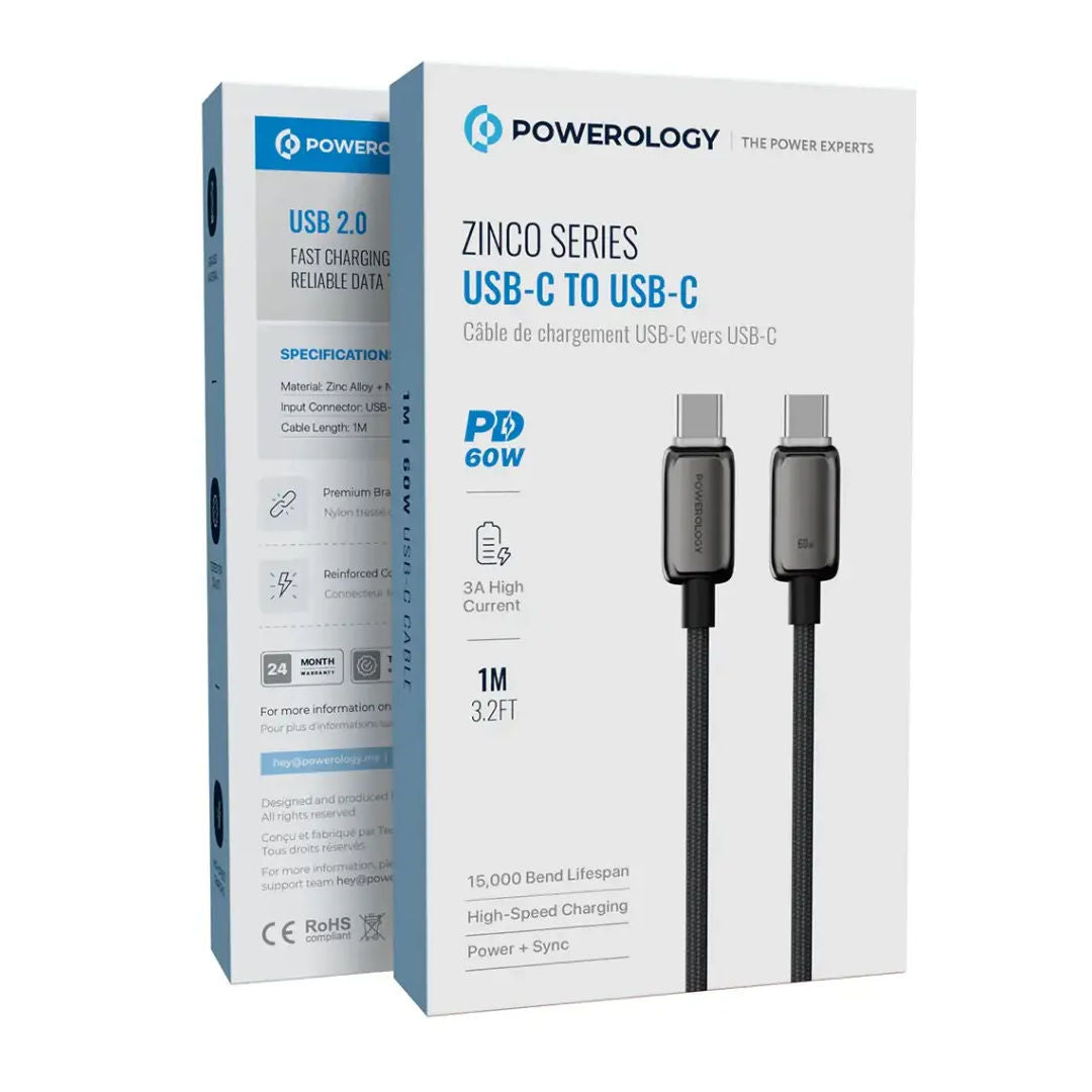 Powerology Zinco Series 60W USB-C to USB-C, Charging Cable, 1M, 3A High Current, Dark Gray