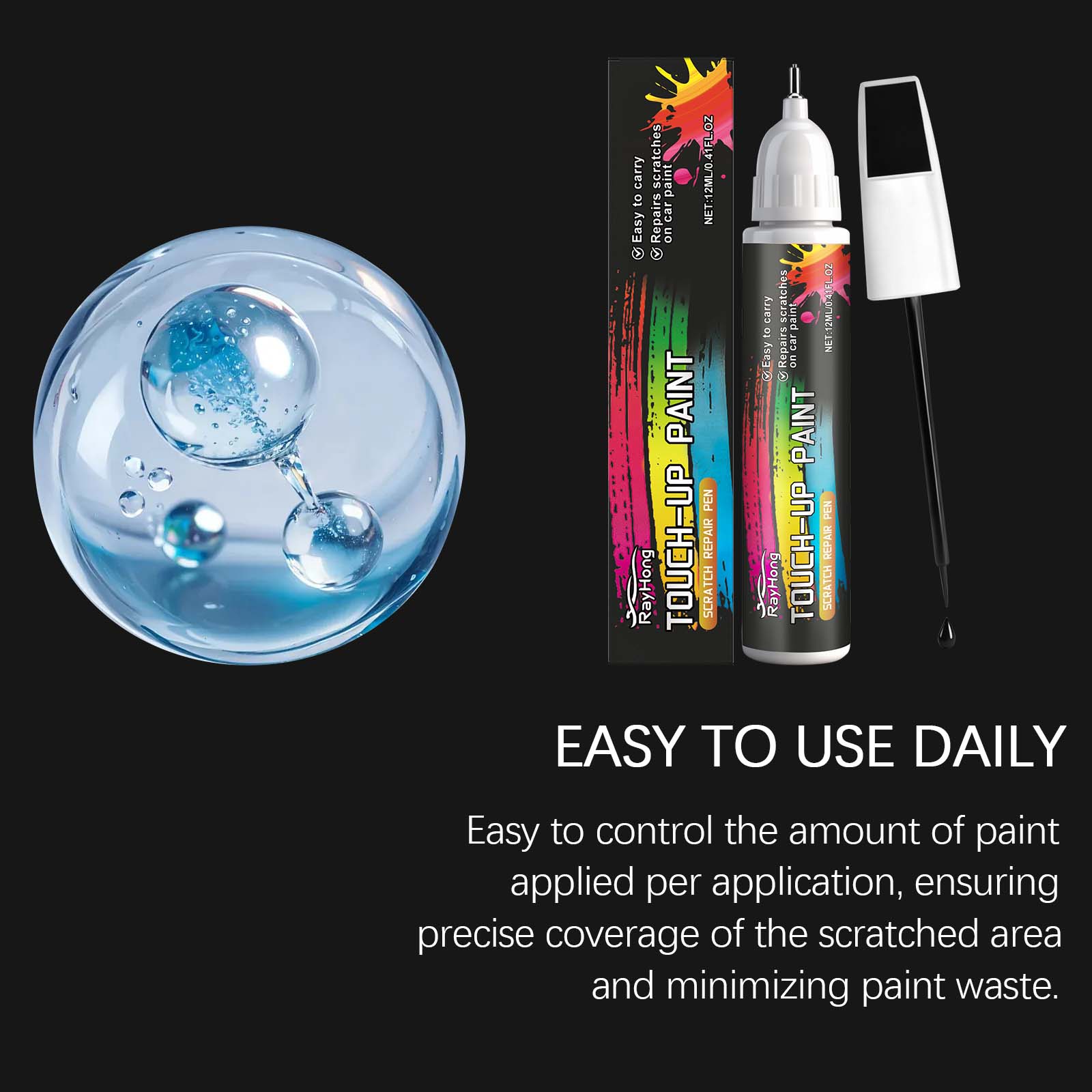Black Car Touch-Up Pen, Waterproof, Wear-Resistant, Quick Car Maintenance, Scratch Repair ,12ml