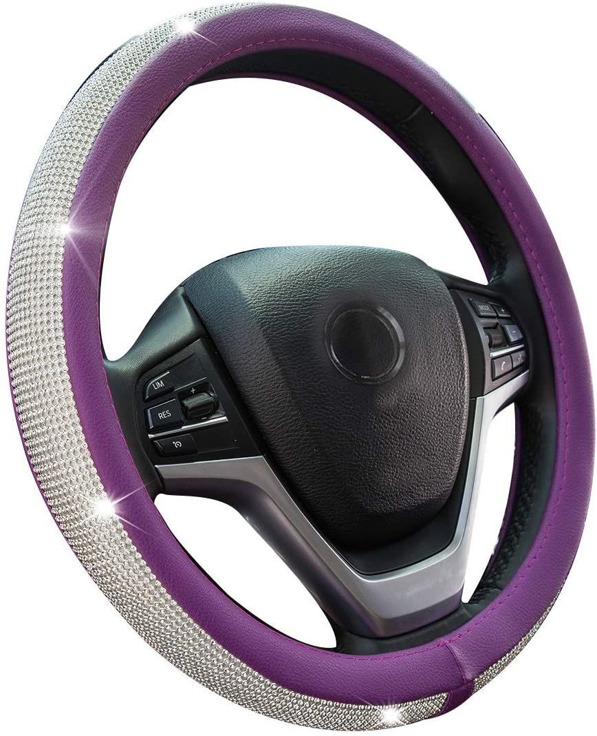 PU Leather Steering Wheel Cover Protector with Bling Crystal Rhinestones for 15 Inch