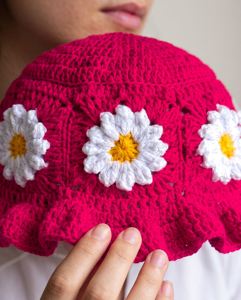 Hush and Stitch Dark Pink Daisy Bucket Hat
