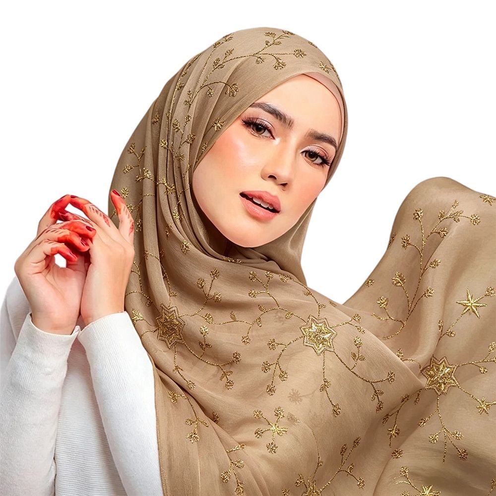 Khaki Embroidered Chiffon Hijab Scarf with Gold Floral