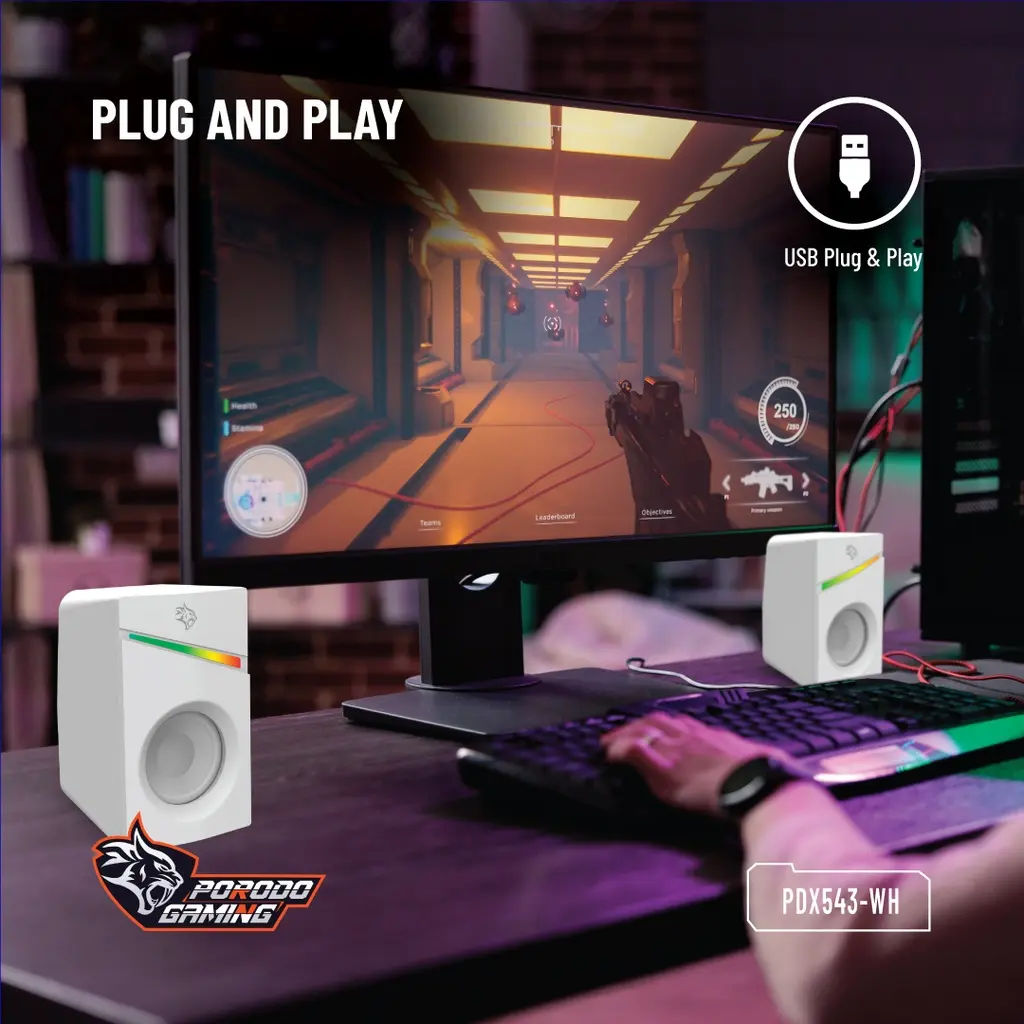 Porodo Gaming Stereo Speakers with Volume Knob, 6W, RGB Lighting, AUX Input, White